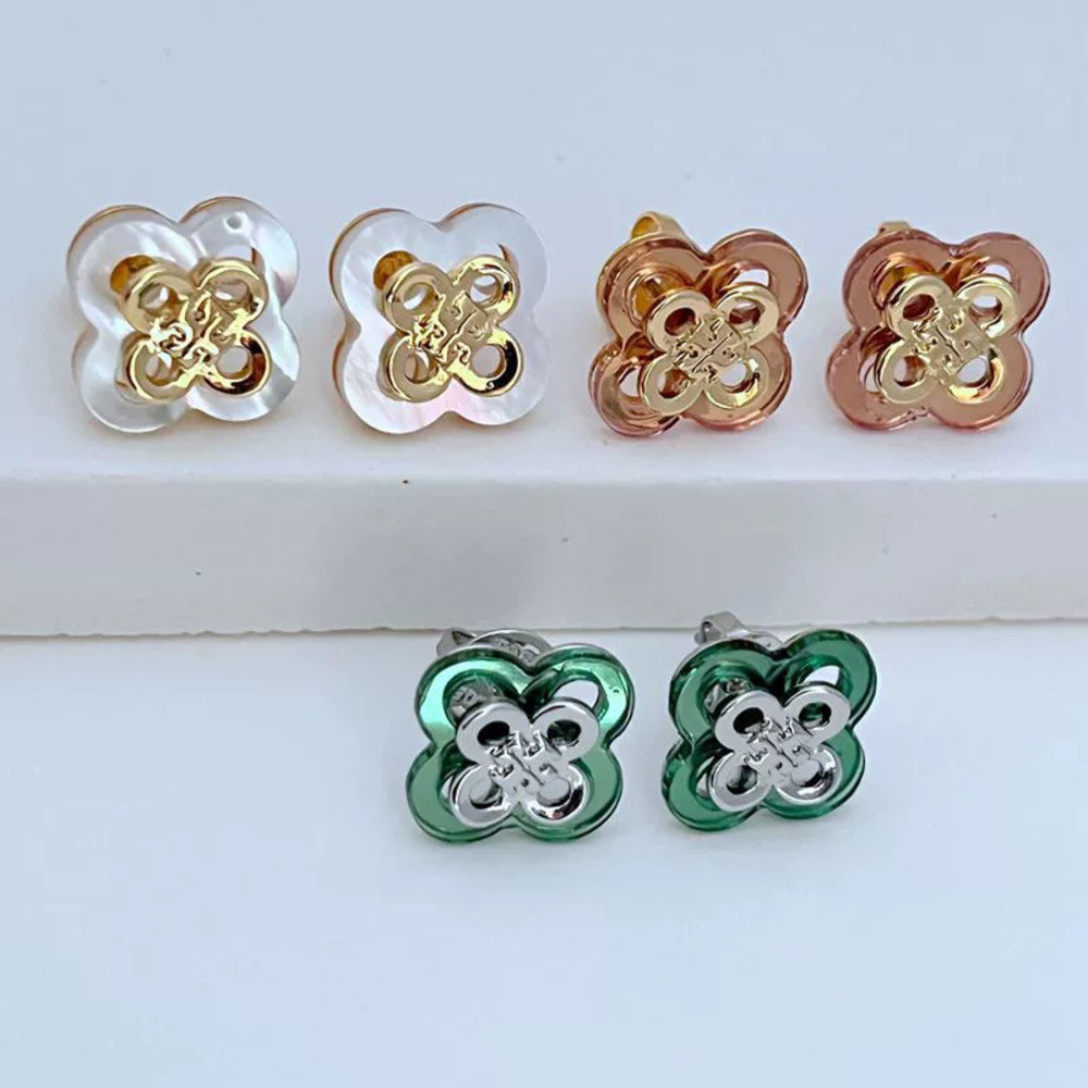 Tory Burch Trendy Lucky Bloom Shell Resin 3D Hollow Clover Earrings